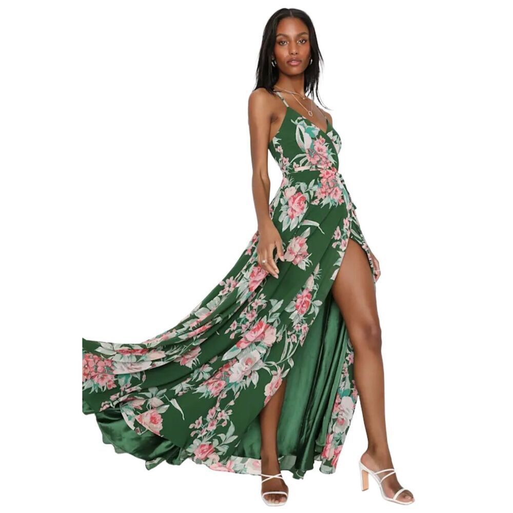 New! Lulus Elegantly Inclined Green Floral Wrap Dress Sz M